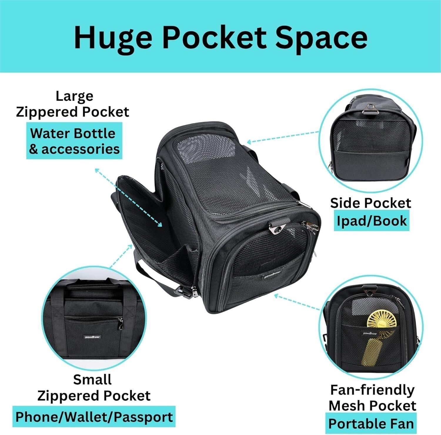 Vehicle/TSA Airline Approved Pet Carrier Expandable 900D Seatbelt Cat Dog Black