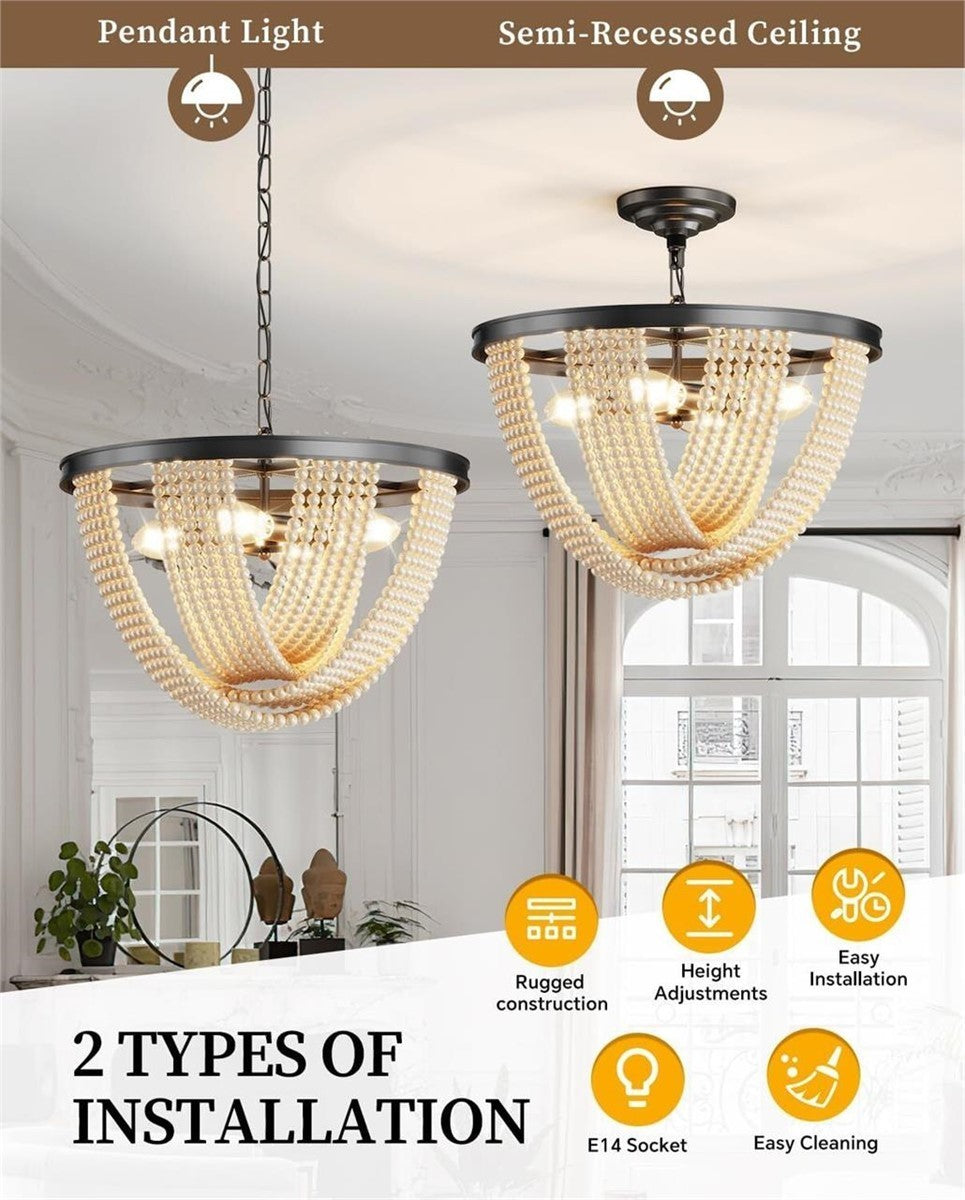 18" Pearl Bead Chandelier Black 4-Light Vintage Regency Boho Dining Bedroom