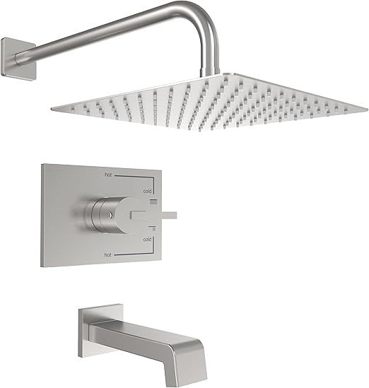 12 Inch Rain Shower Head Tub Spout Trim Kit Brushed Nickel Valve Included Square