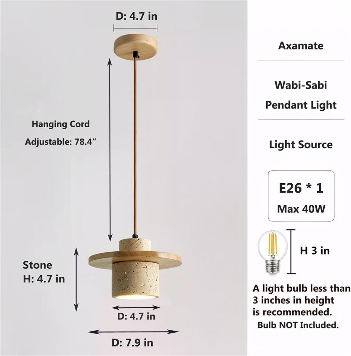 Axamate Wabi Sabi Pendant Light Travertine Stone Wood 4.7" E26 Japandi