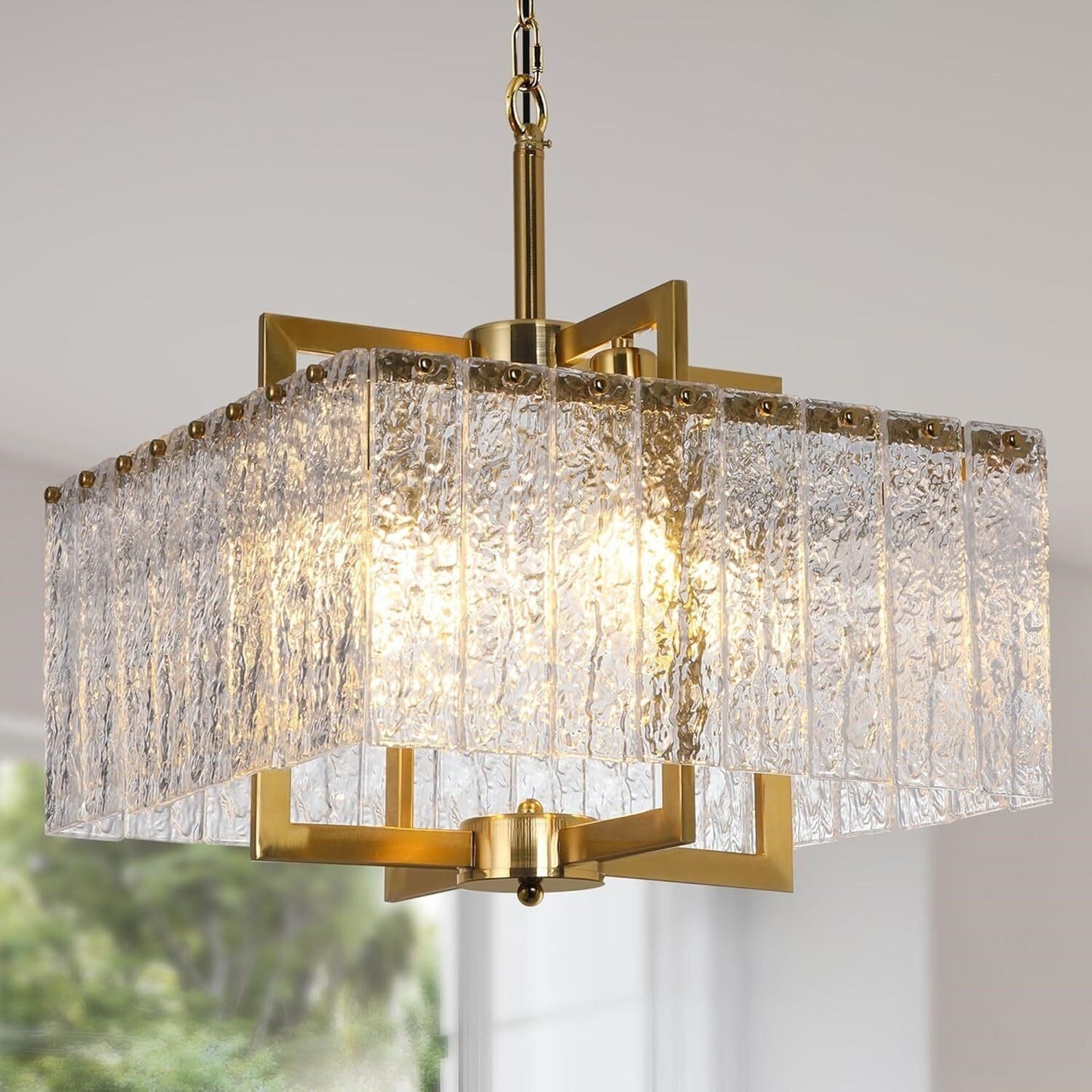 Modern Gold Square Chandelier Crystal Water Ripple Glass Pendant Light 16"