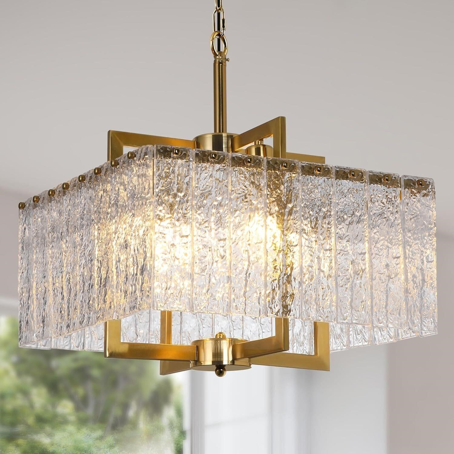 Modern Gold Square Chandelier Crystal Water Ripple Glass Pendant Light 16"