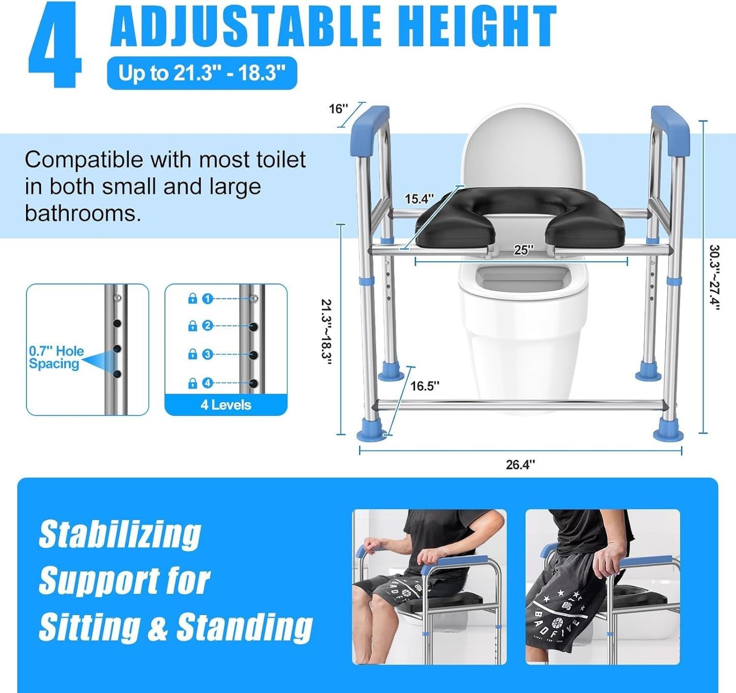 Raised Toilet Seat Handles 400lb Padded Riser Adjustable Senior Bariatric Safety