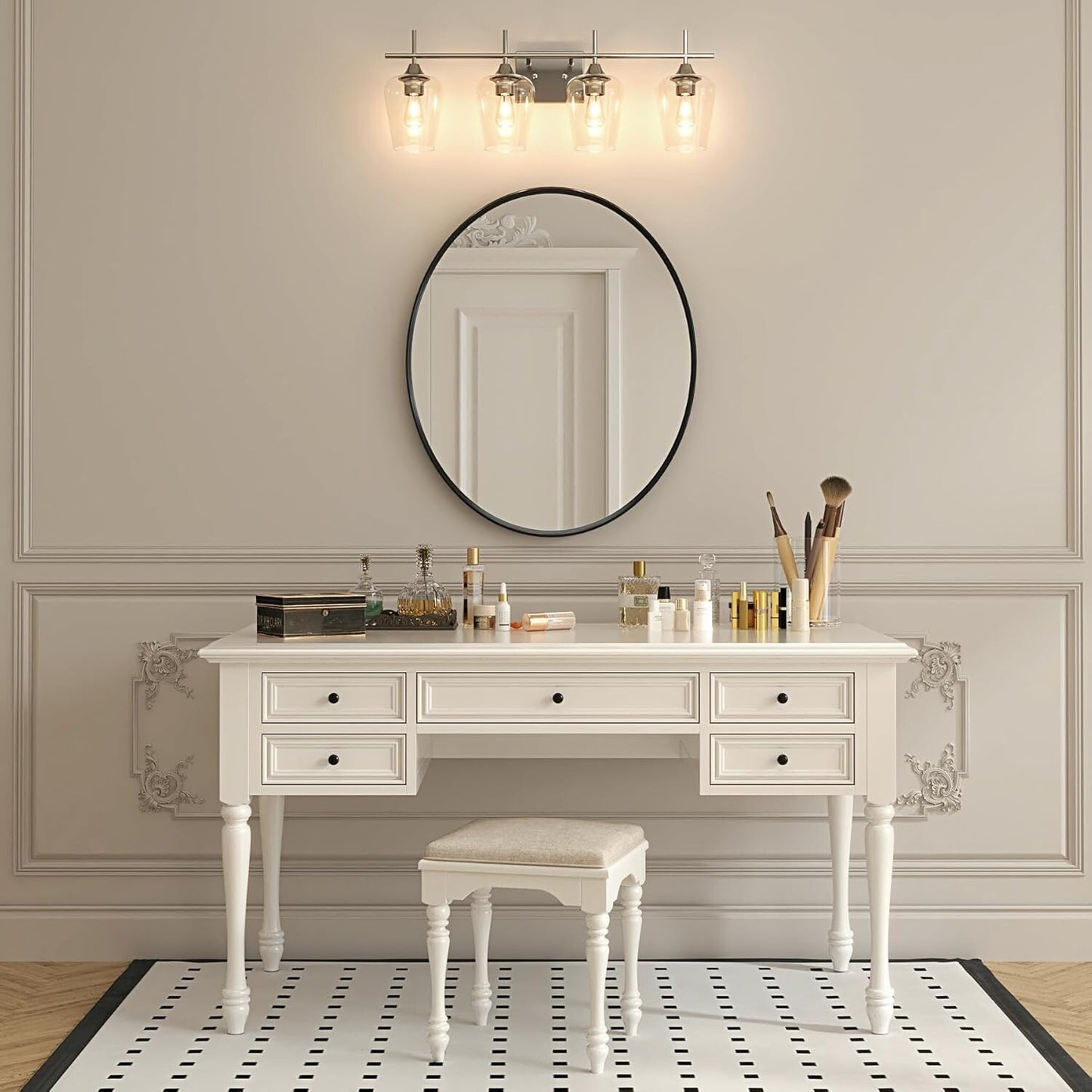 4-Light Vanity Fixture - Clear Glass Shades - Brushed Nickel - VONLUCE