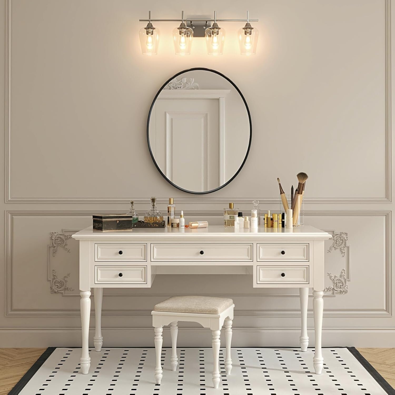 4-Light Vanity Fixture - Clear Glass Shades - Brushed Nickel - VONLUCE