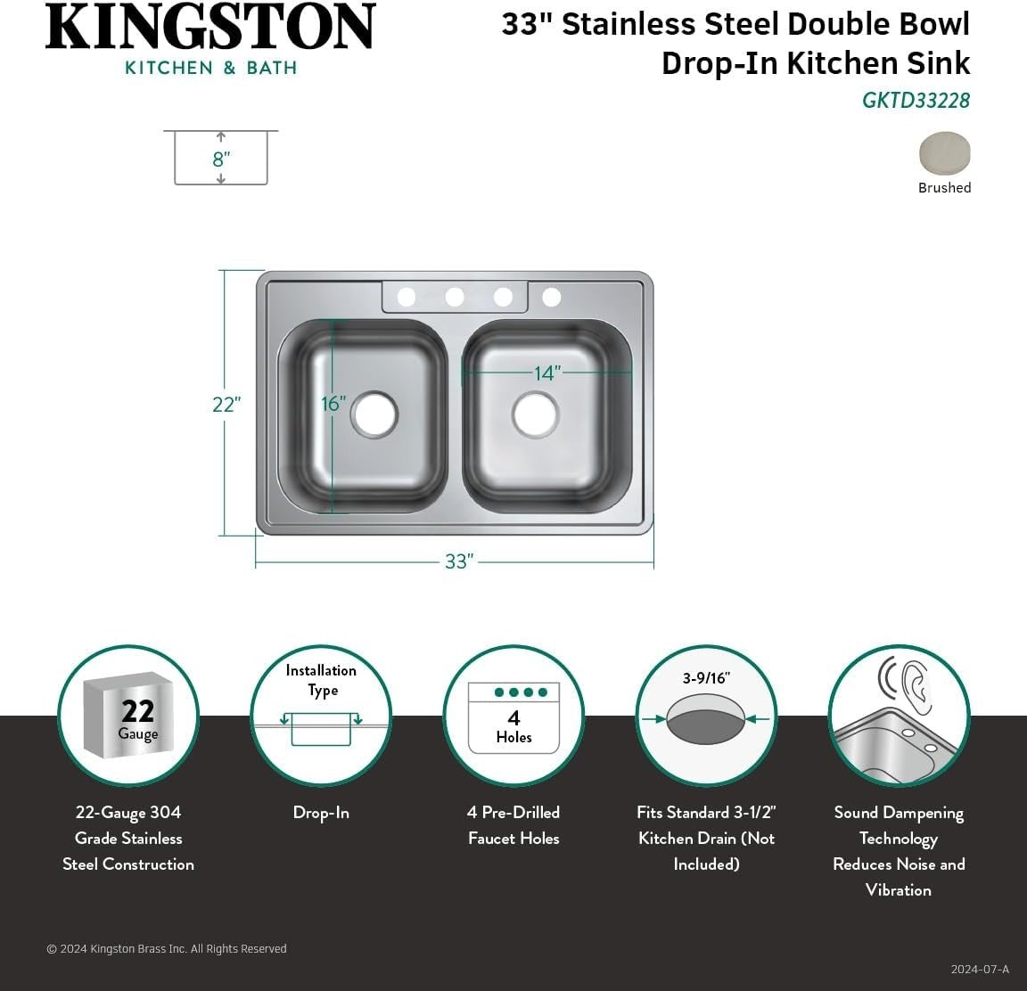 Kingston Brass 33" Double Bowl Drop-In Kitchen Sink 304 Stainless 22 Gauge
