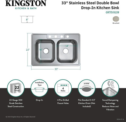 Kingston Brass 33" Double Bowl Drop-In Kitchen Sink 304 Stainless 22 Gauge