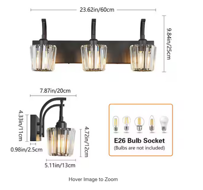 3-Light Crystal Vanity Light Black K9 Bathroom Over Mirror Sconce Dimmable 24in