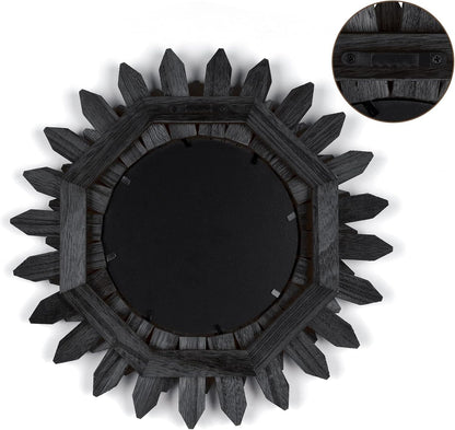 Honiway 12" Black Sunburst Mirror Solid Wood Boho Wall Decor Carbonized