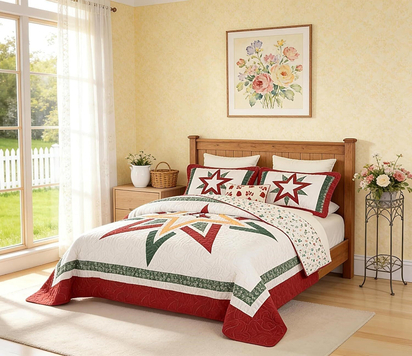 Cardinal Christmas Quilt Set King Patchwork Star 3 Pc Holiday Bedspread + 2 Sham