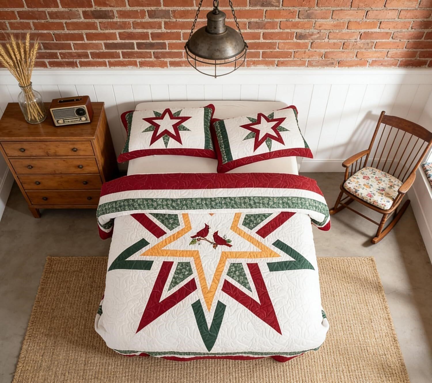 Cardinal Christmas Quilt Set King Patchwork Star 3 Pc Holiday Bedspread + 2 Sham