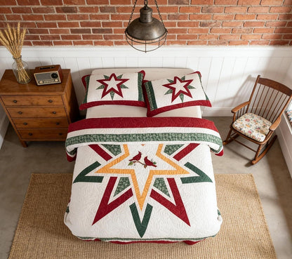 Cardinal Christmas Quilt Set King Patchwork Star 3 Pc Holiday Bedspread + 2 Sham