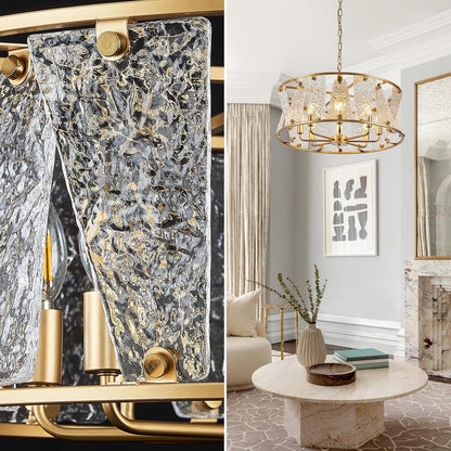 24" Gold Drum Chandelier 8-Light Ripple Glass Modern Vintage Dining Room E12