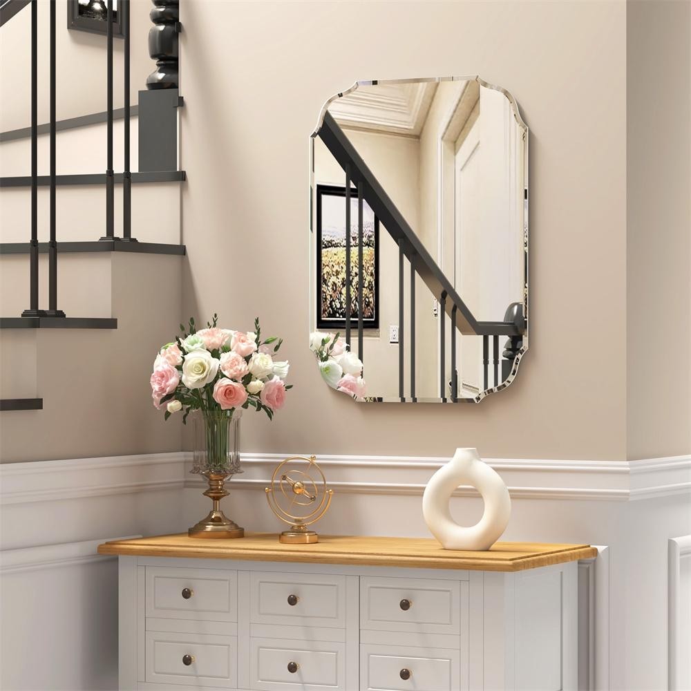 KOHROS 20x28 Scalloped Frameless Beveled Bathroom Vanity Mirror Silver Wall Hung