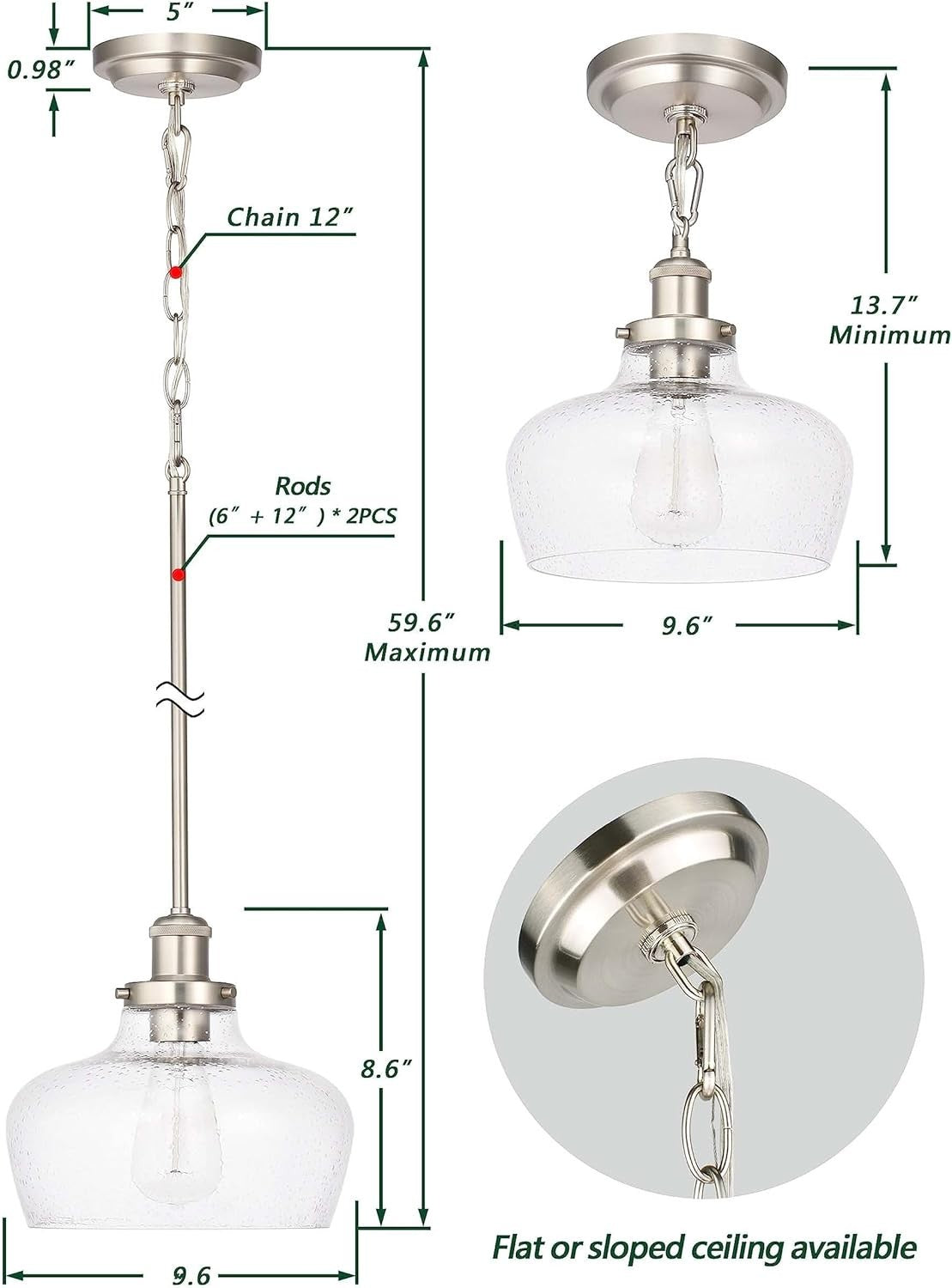 Farmhouse Pendant Light - Brushed Nickel & Seeded Glass - Adjustable Height
