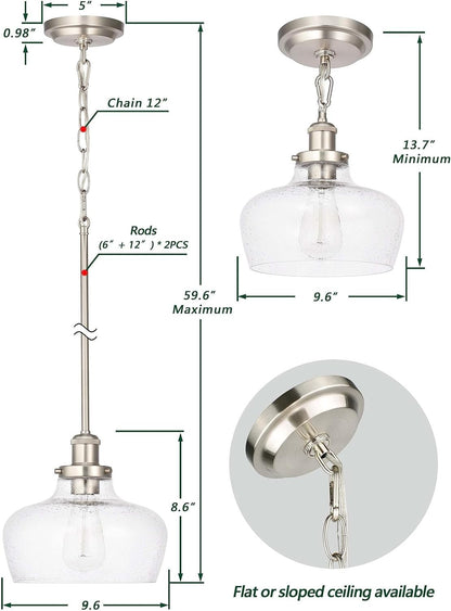 Farmhouse Pendant Light - Brushed Nickel & Seeded Glass - Adjustable Height