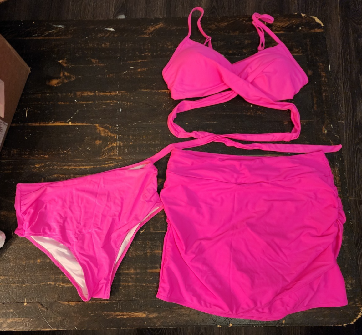 Hot Pink High Waisted Bikini Set Swim Skirt 3 Piece Bathing Suit Size Large