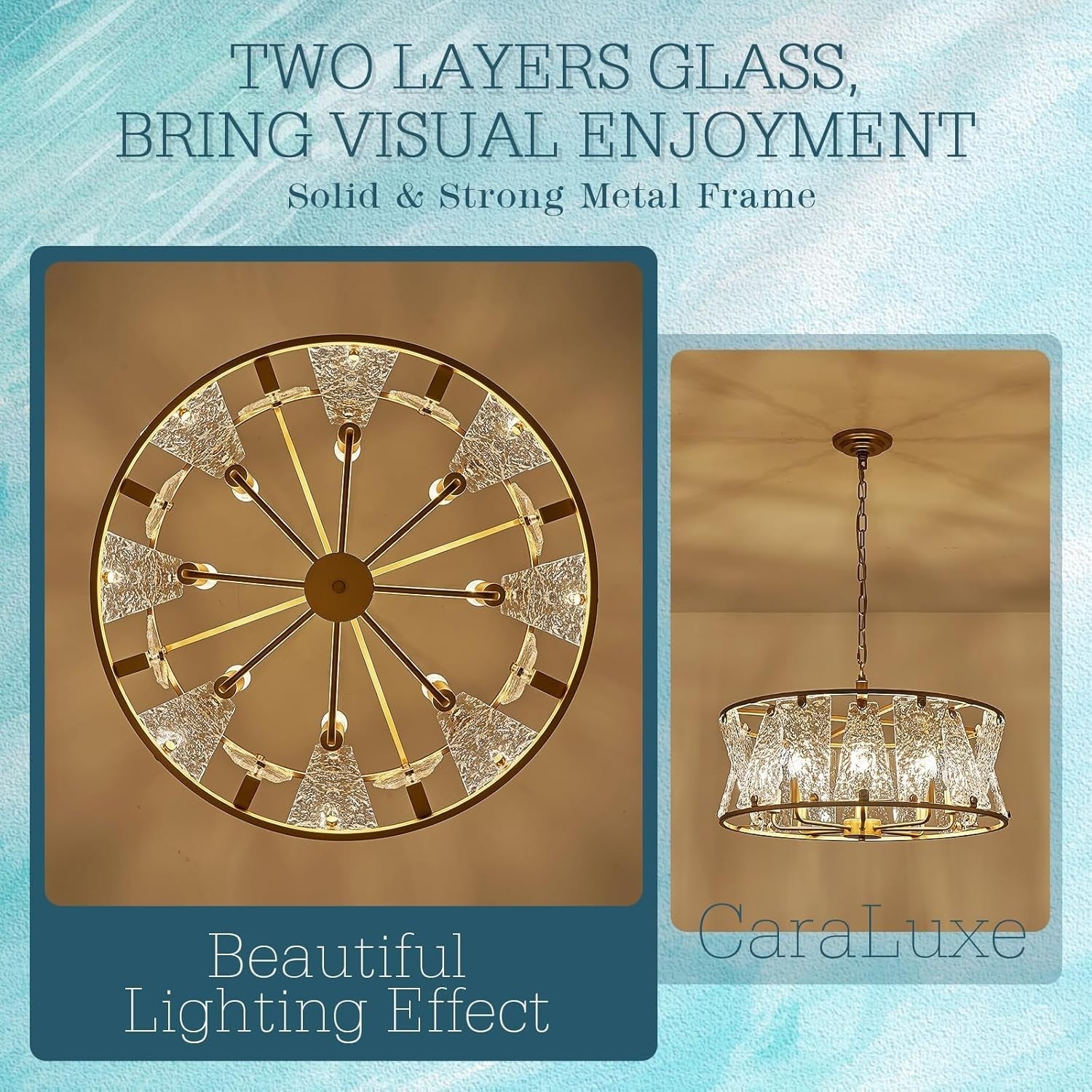 24" Gold Drum Chandelier 8-Light Ripple Glass Modern Vintage Dining Room E12