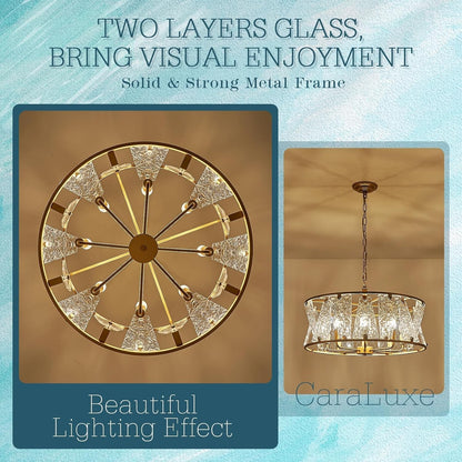 24" Gold Drum Chandelier 8-Light Ripple Glass Modern Vintage Dining Room E12
