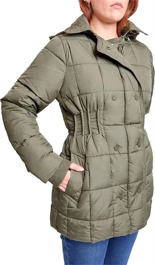Royalty For Me Women XL Puffer Jacket Olive Hooded Cinched Waist Snap Zip New