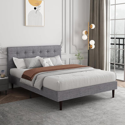 Akeacubo Queen Bed Frame — Grey Linen Tufted Headboard No Box Spring Needed New