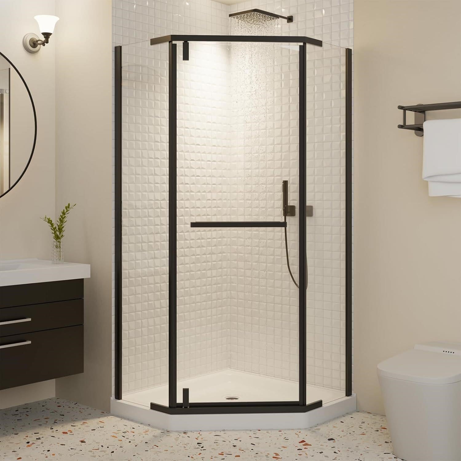GOBESTRY 36" Neo-Angle Frameless Shower Door Matte Black SGCC Tempered NO BASE
