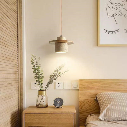 Axamate Wabi Sabi Pendant Light Travertine Stone Wood 4.7" E26 Japandi