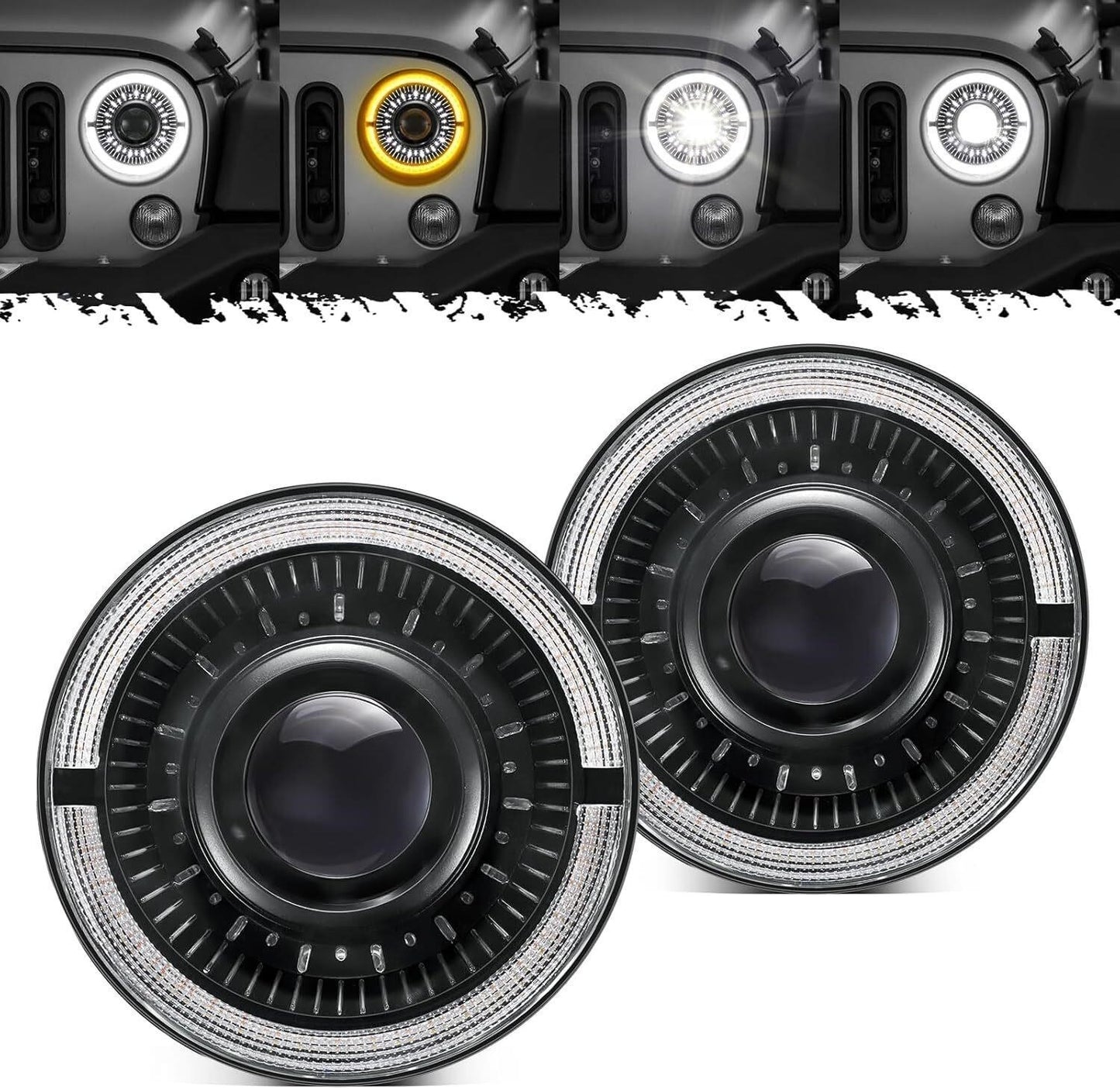 Partsam 7 Inch LED Headlights H6024 DOT Jeep Wrangler JK TJ Amber Halo DRL Pair