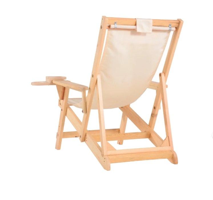 Wood Sling Lounge Chair Foldable Canvas Cup Holder Headrest Patio Beach