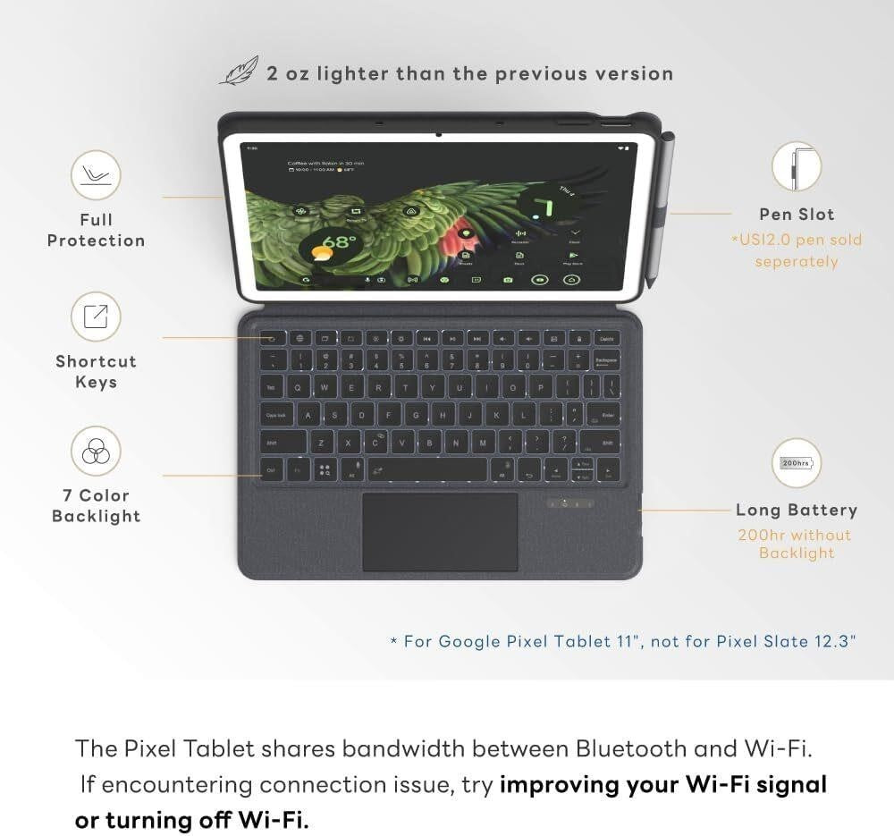 eiP Magnetix Keyboard Case Google Pixel Tablet 2023 Detachable Backlit Trackpad