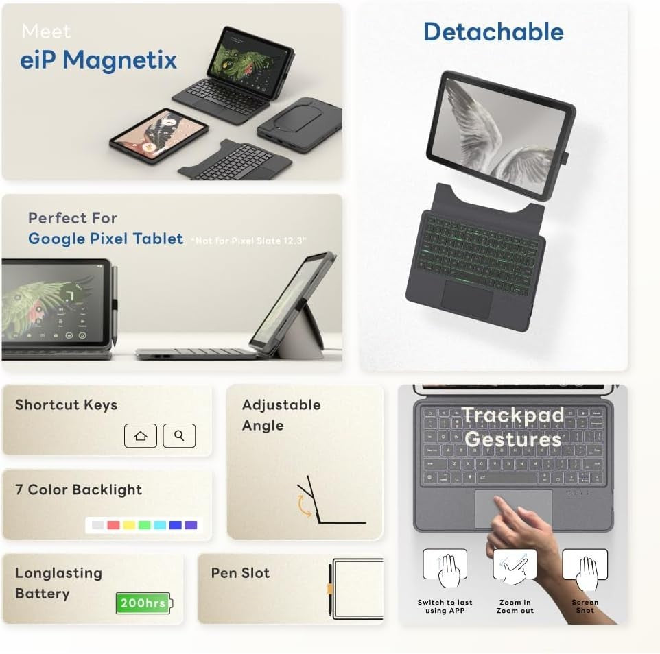 eiP Magnetix Keyboard Case Google Pixel Tablet 2023 Detachable Backlit Trackpad