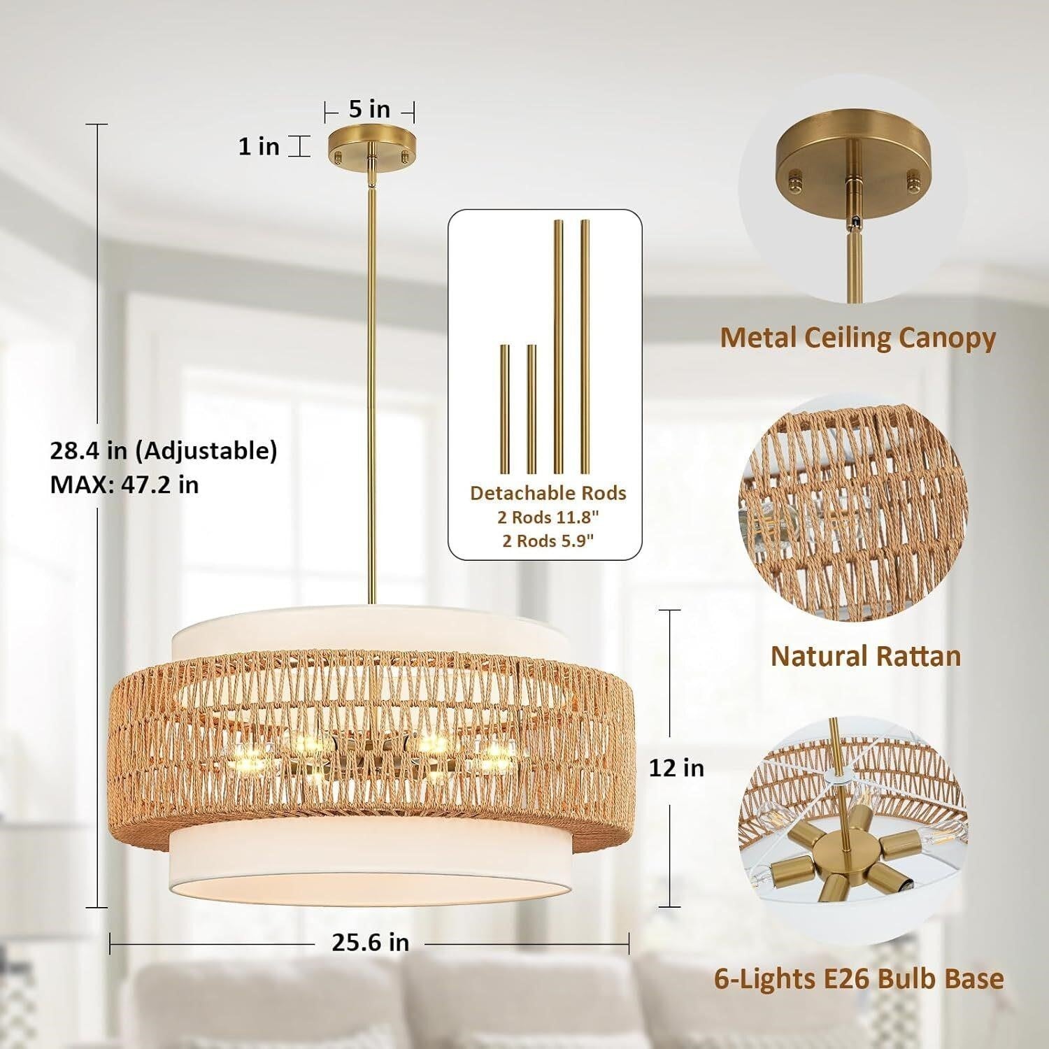 6-Light Rattan Chandelier - 25.6" Adjustable Hand Woven Drum Light - Dimmable