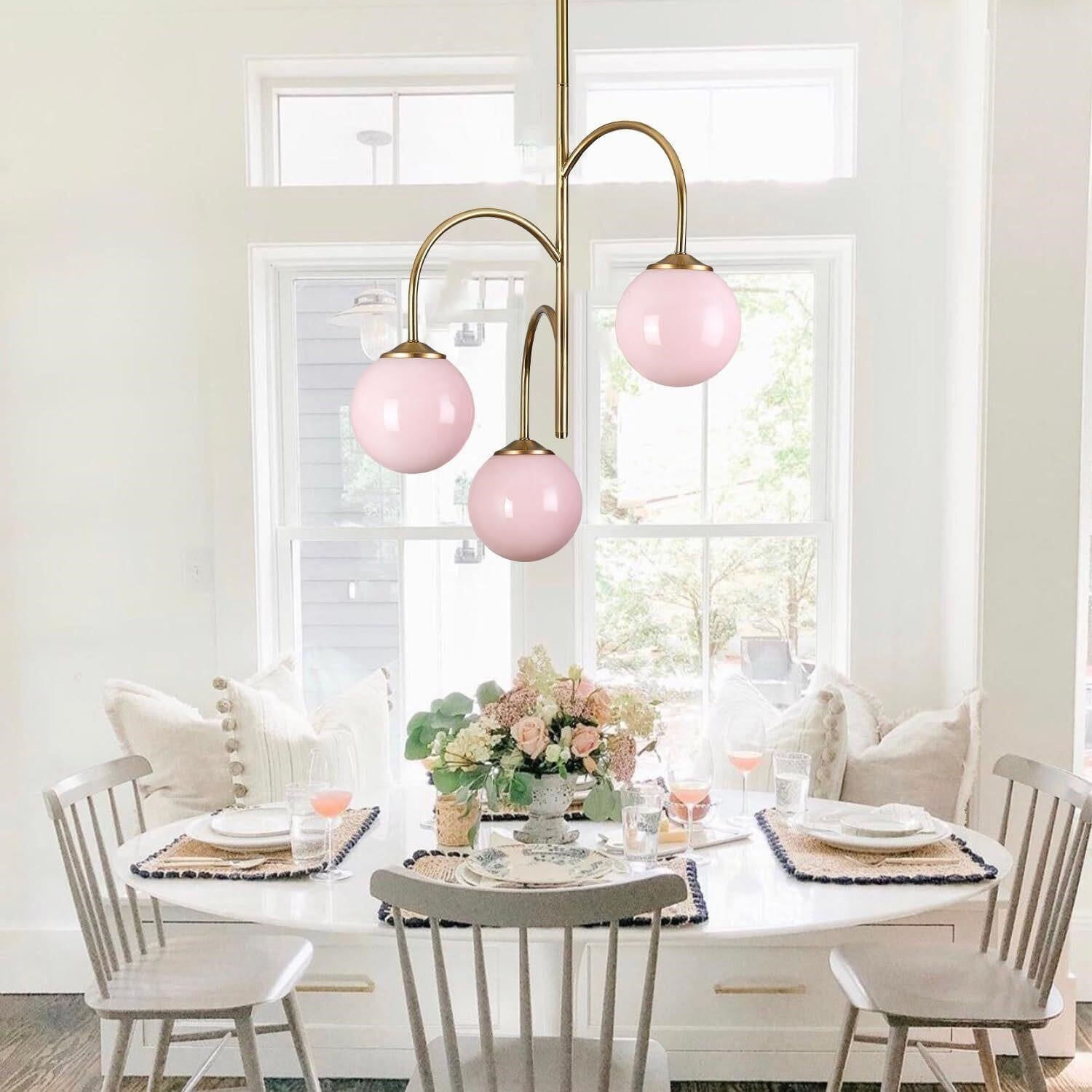 3-Light Pink Glass Globe Pendant Chandelier 21.7" Brass Gold Dimmable G9