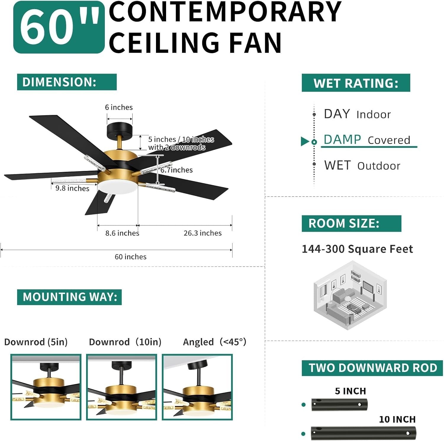 YITAHOME 60" Ceiling Fan Light Remote Crystal Rod Black Gold DC 5 Blade LED