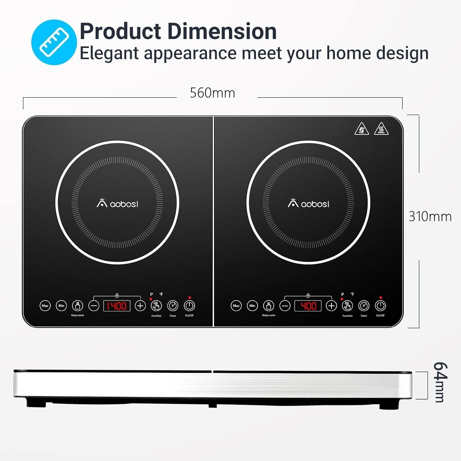 Aobosi Double Induction Cooktop 1800W Dual Burner Portable 22" 10 Temp NEW