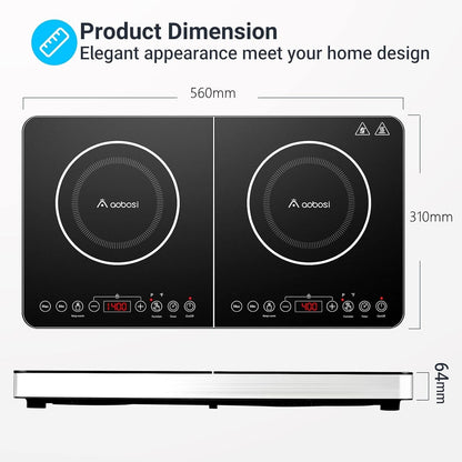 Aobosi Double Induction Cooktop 1800W Dual Burner Portable 22" 10 Temp NEW