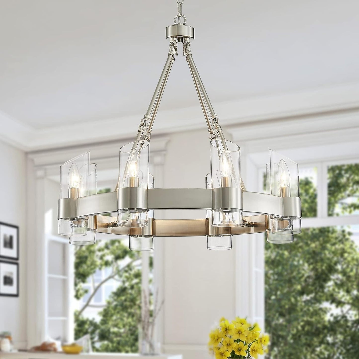 Industrial Farmhouse Wagon Wheel Chandelier - 26" Nickel Round Dining Room Light