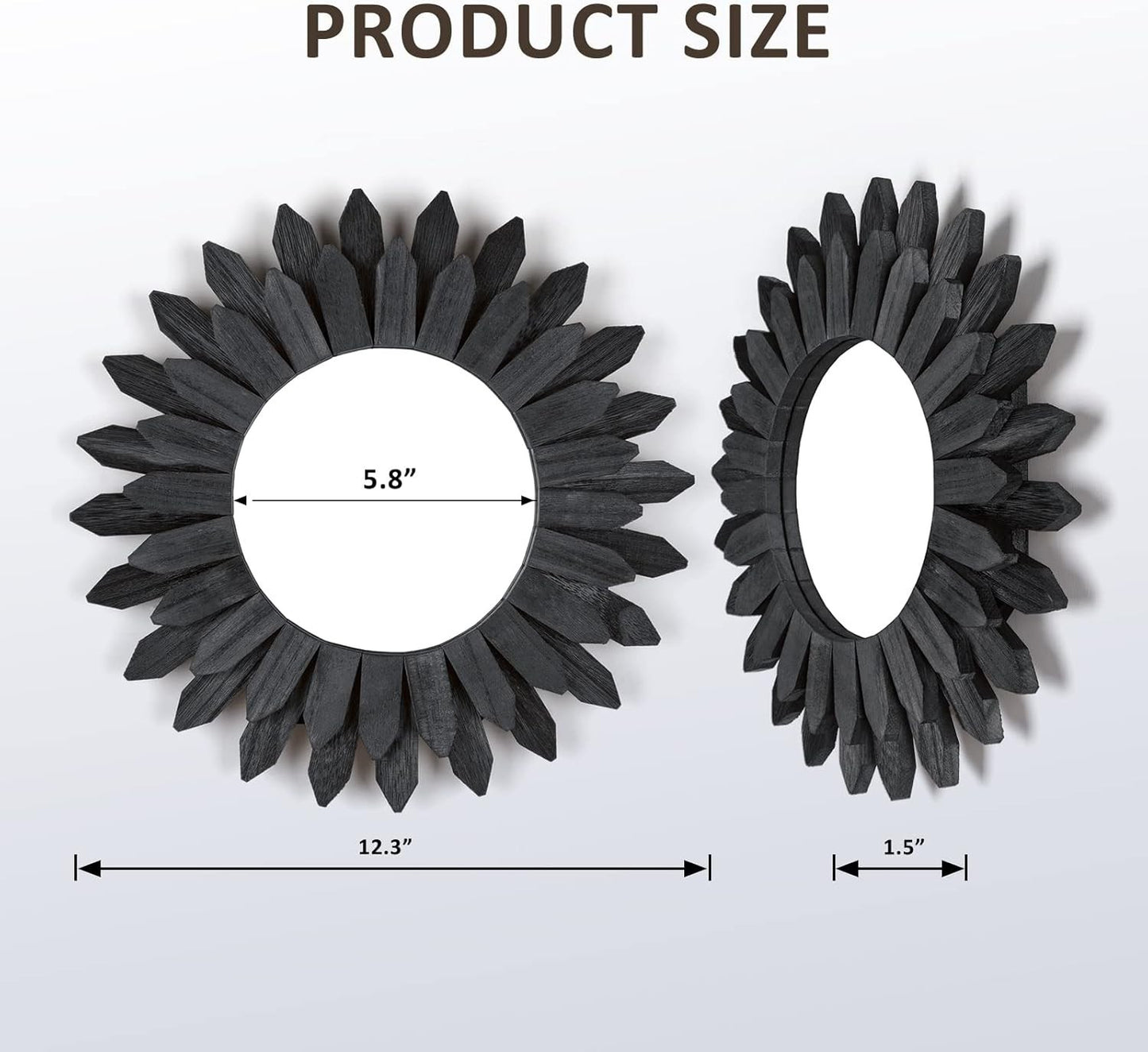 Honiway 12" Black Sunburst Mirror Solid Wood Boho Wall Decor Carbonized
