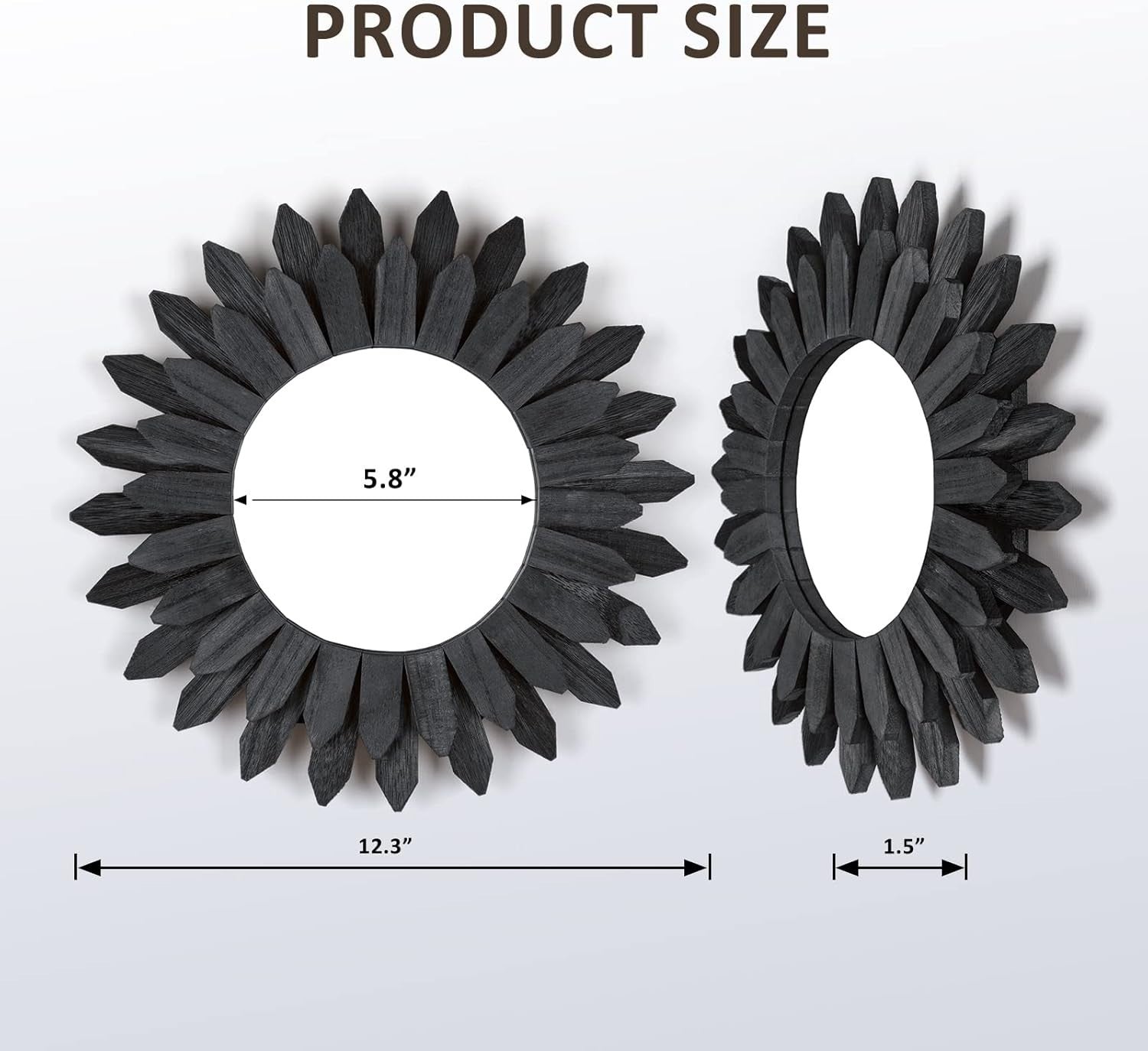 Honiway 12" Black Sunburst Mirror Solid Wood Boho Wall Decor Carbonized