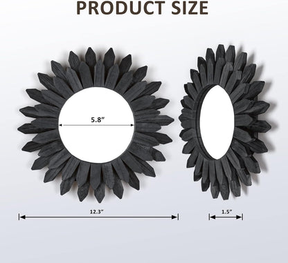 Honiway 12" Black Sunburst Mirror Solid Wood Boho Wall Decor Carbonized