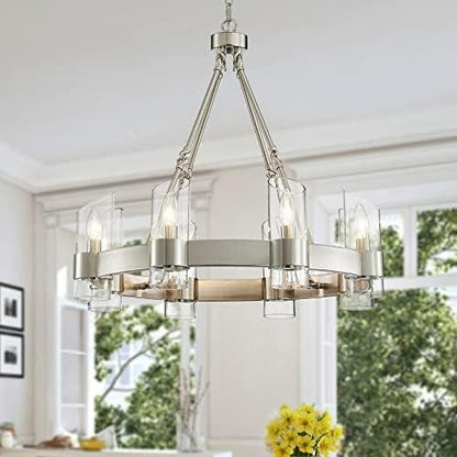Industrial Farmhouse Wagon Wheel Chandelier - 26" Nickel Round Dining Room Light