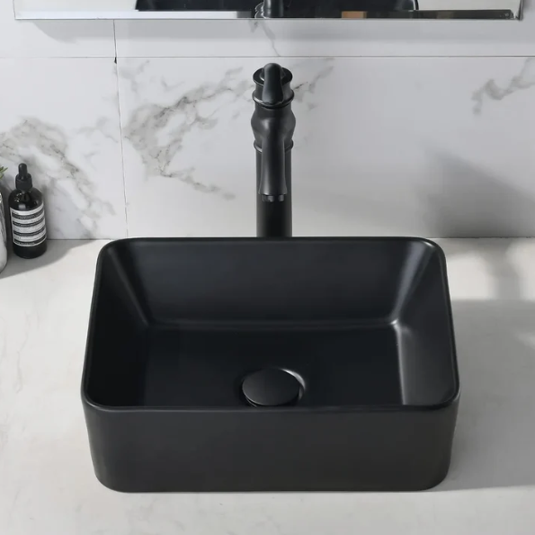 19x15 Matte Black Ceramic Vessel Sink Faucet Combo Rectangle Above Counter
