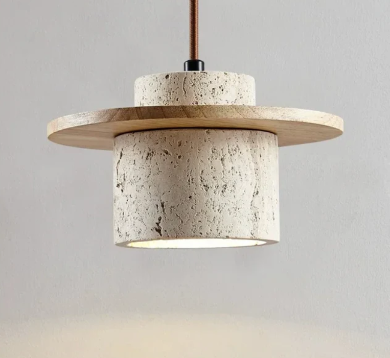Axamate Wabi Sabi Pendant Light Travertine Stone Wood 4.7" E26 Japandi