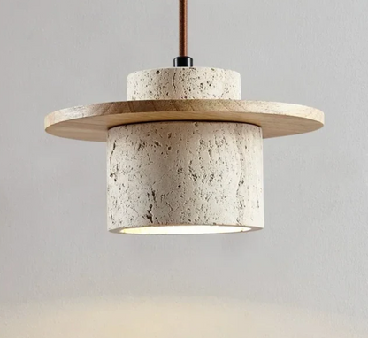 Axamate Wabi Sabi Pendant Light Travertine Stone Wood 4.7" E26 Japandi