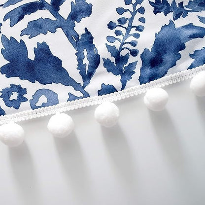 DriftAway Julia Waterfall Valance Navy Floral Pom Pom 52x18 Thermal Insulated