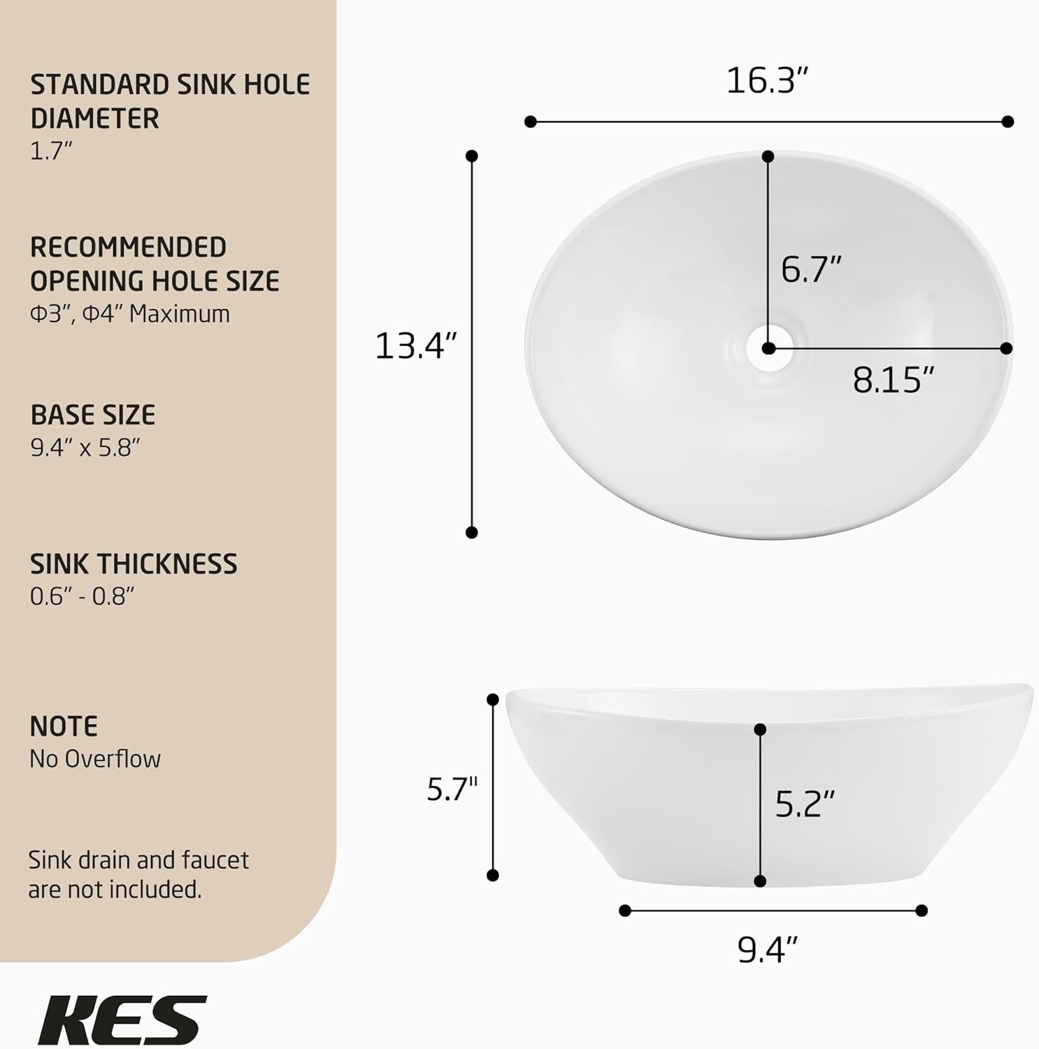 KES BVS124 Bathroom Vessel Sink Oval White Ceramic 16x13 Egg Shape Above Counter