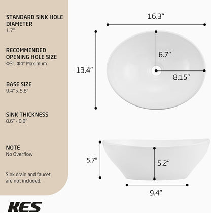 KES BVS124 Bathroom Vessel Sink Oval White Ceramic 16x13 Egg Shape Above Counter