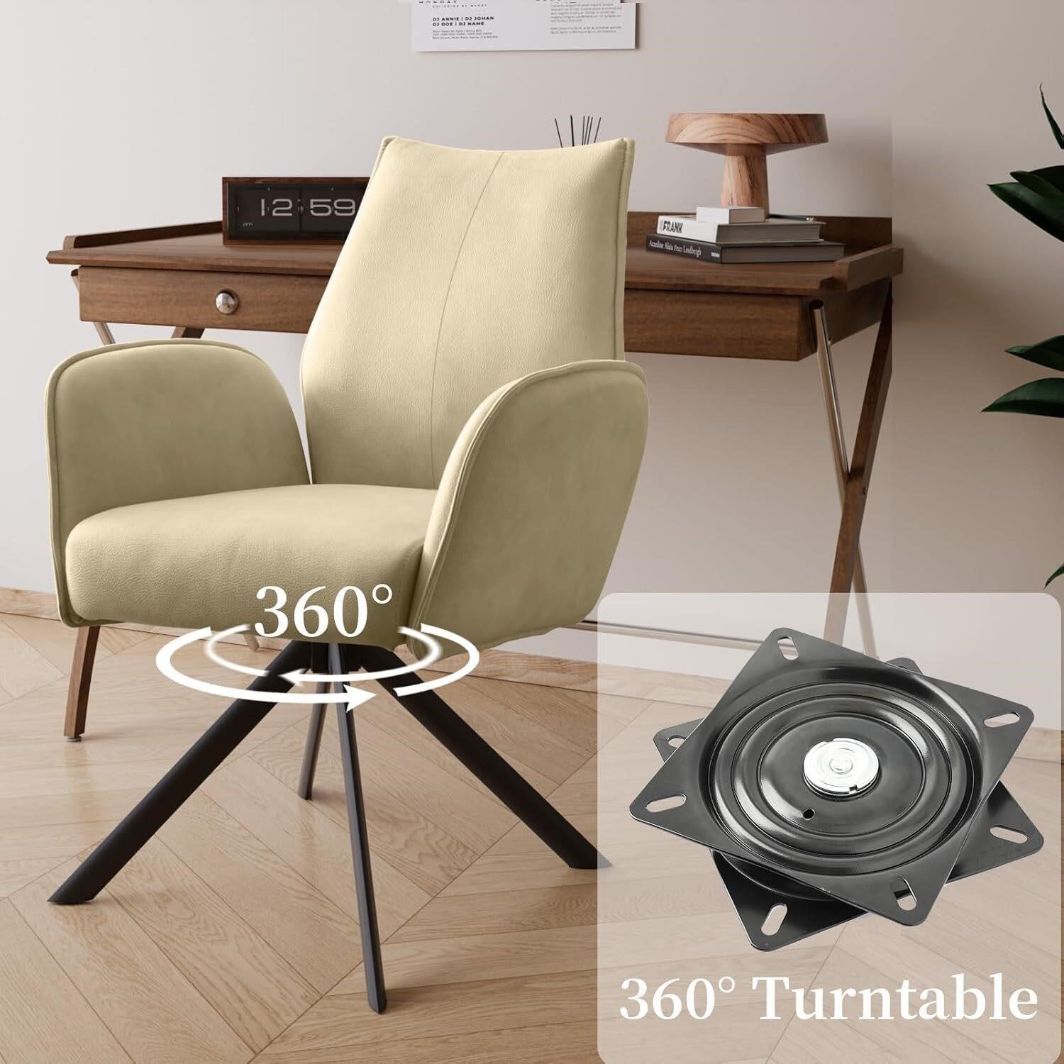 Swivel Office Chair No-Wheel Beige PU Leather 330 lbs Home Desk Vanity