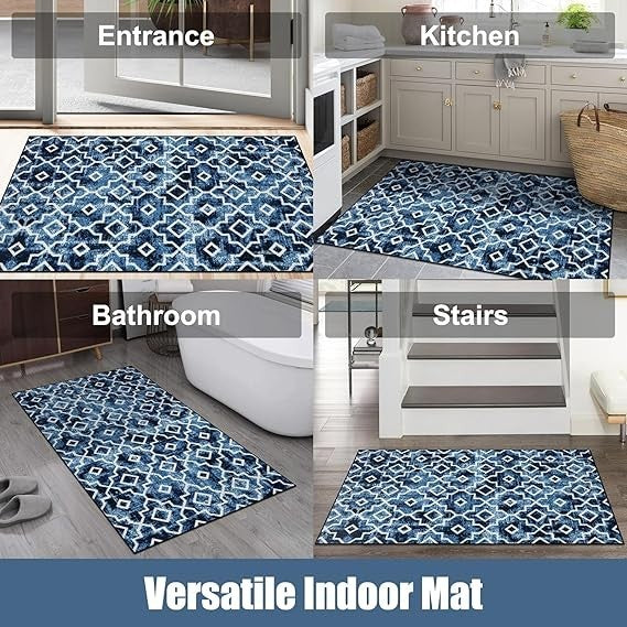 3x5 Moroccan Trellis Indoor Door Mat Washable Non-Slip Entry Rug Blue Distressed