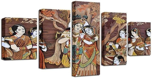 Radha Krishna 5 Piece Canvas Wall Art Hindu God Watercolor 60x32 Living Room Dec
